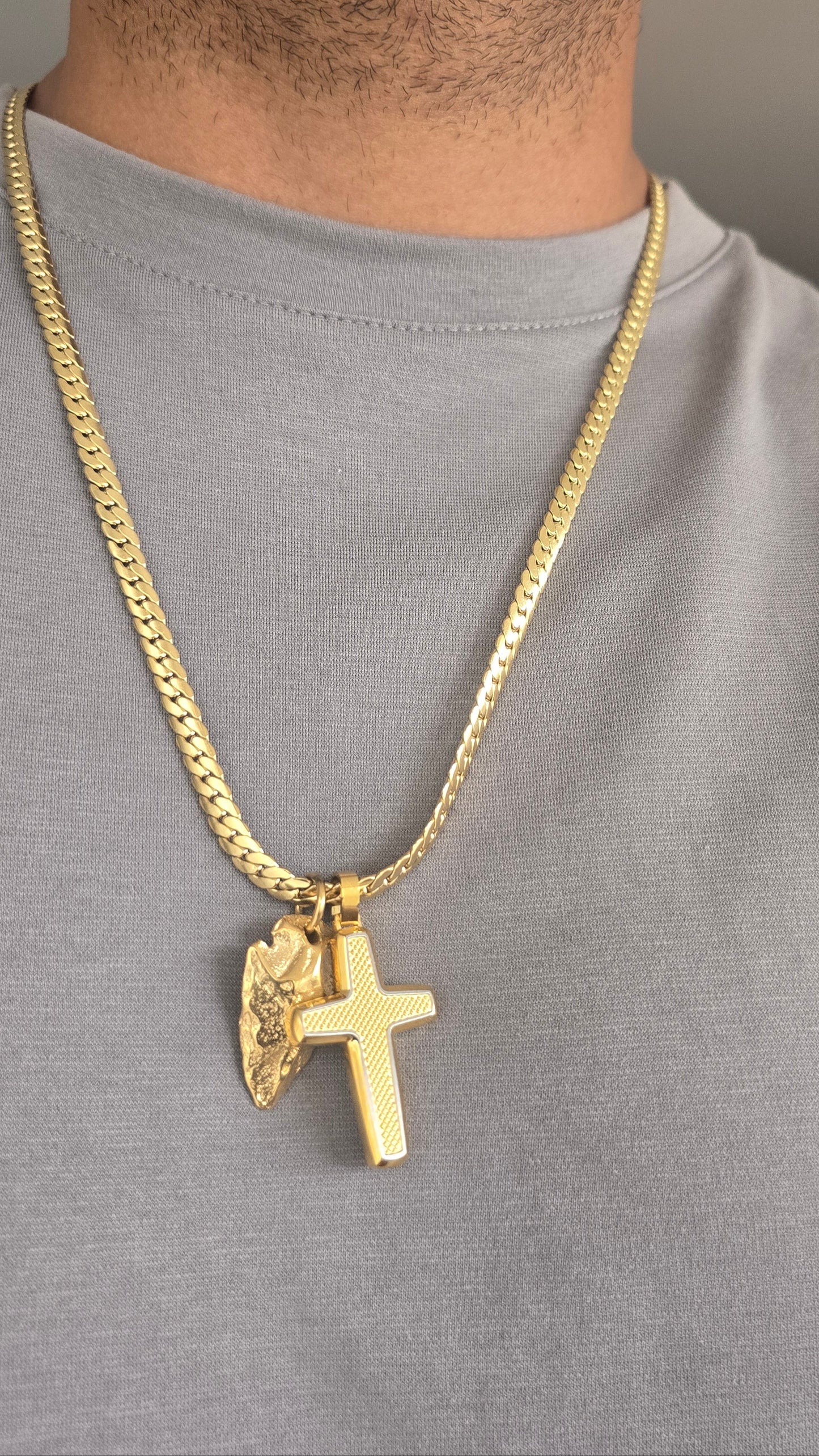 SET: CRUZ+PEDRUZCO+CADENA 6MM ORO LAMINADO 18K